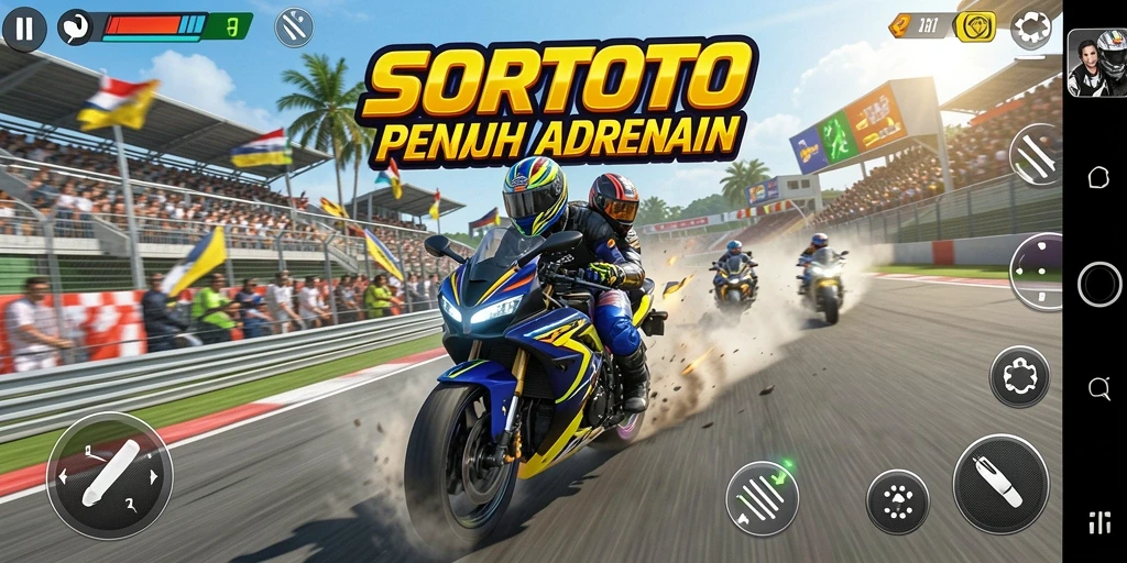 Antarmuka menarik dengan pilihan motor dan trek balapan yang bervariasi.